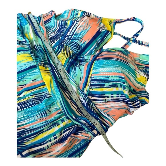 Denim & Co. Beach V-Neck Ruched Waist Swim Dress 22W A634759 Blue Stripe Palm - Picture 5 of 15